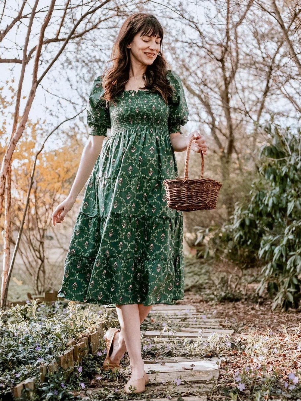 Hill House Nesli Nap Dress Emerald Trellis Medium Green Ruffle Puff Sleeve NWT